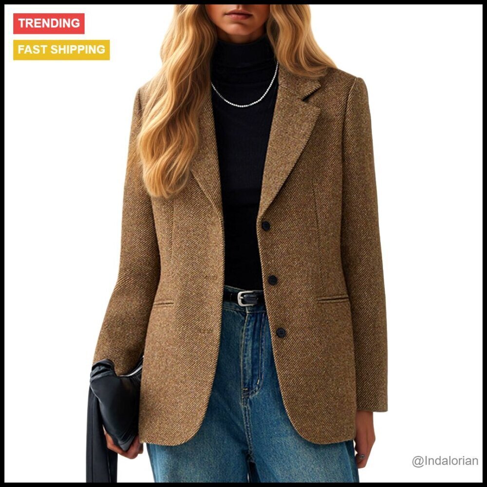 Herringbone Tweed Blazer Lapel Collar Business Casual Office Jacket Long Sleeve